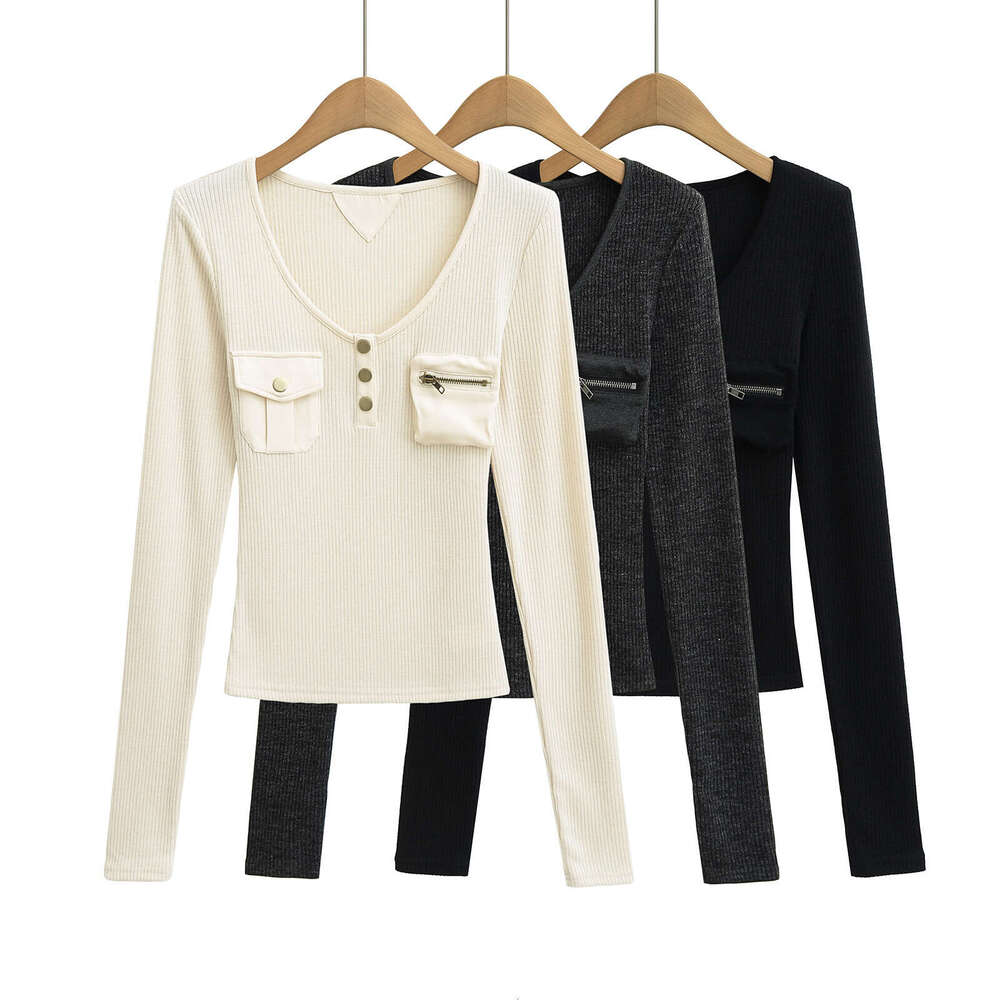 American Style Spliced Base Shirt For Women, Autumn And Winter Inner Wear, Pocket Detail, Slim Fit Long Sleeve Slimming Knitted Top B5