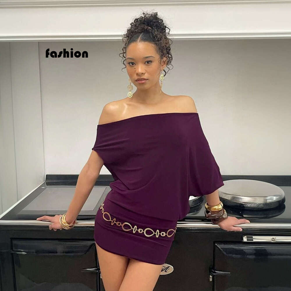 Sexy Women's Solid Color Asymmetrical Neck Two-Way Batwing Sleeve Waist-Cinching Bodycon Hot Girl Short Dress B5 g5