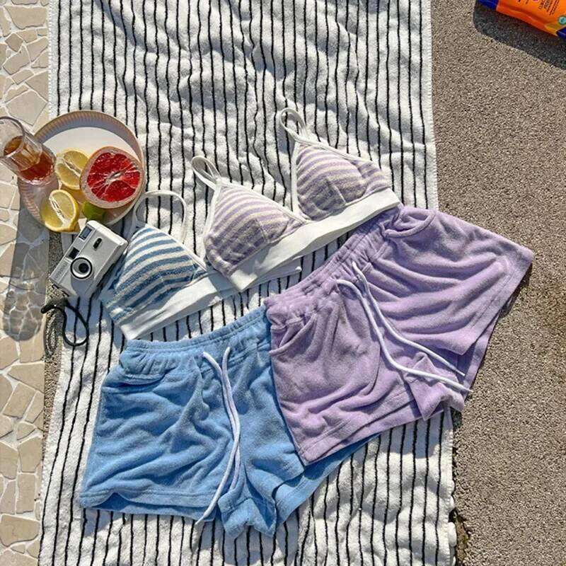New Blue Striped Bikinis High Waist Shorts Swimsuit Women Swimwear Beach Wear Bathing Suits Korean Bikini Set Pool Bather 2025