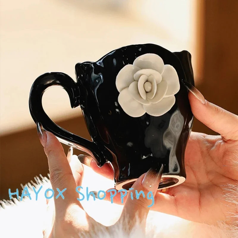 Lanjia French Camellia Ceramic Mugs D White Rose Breakfast Milk Coffee Cup Saucer Set High Quality Kitchen Drinkware B B A