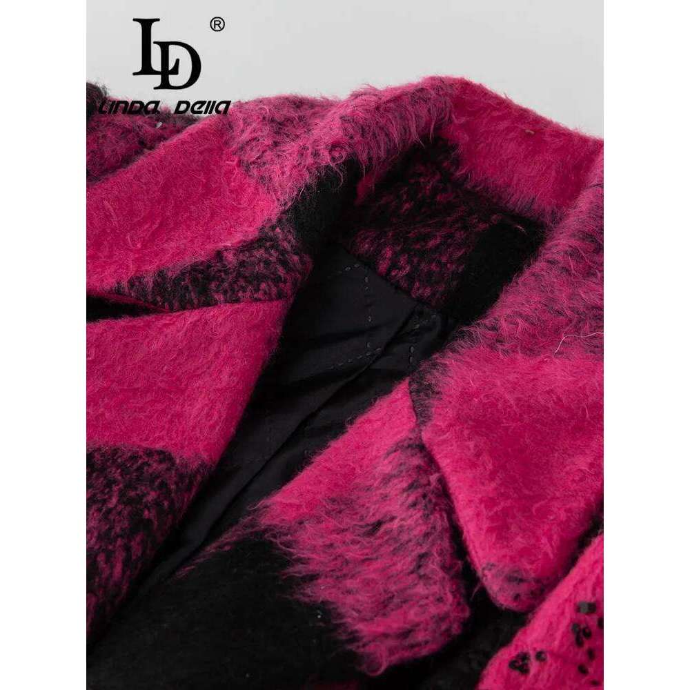 LD LINDA DELLA Winter Fashion Warm Women Color Match Single-Breasted Belt Sequin Detachable Feather Long Sleeve Coat