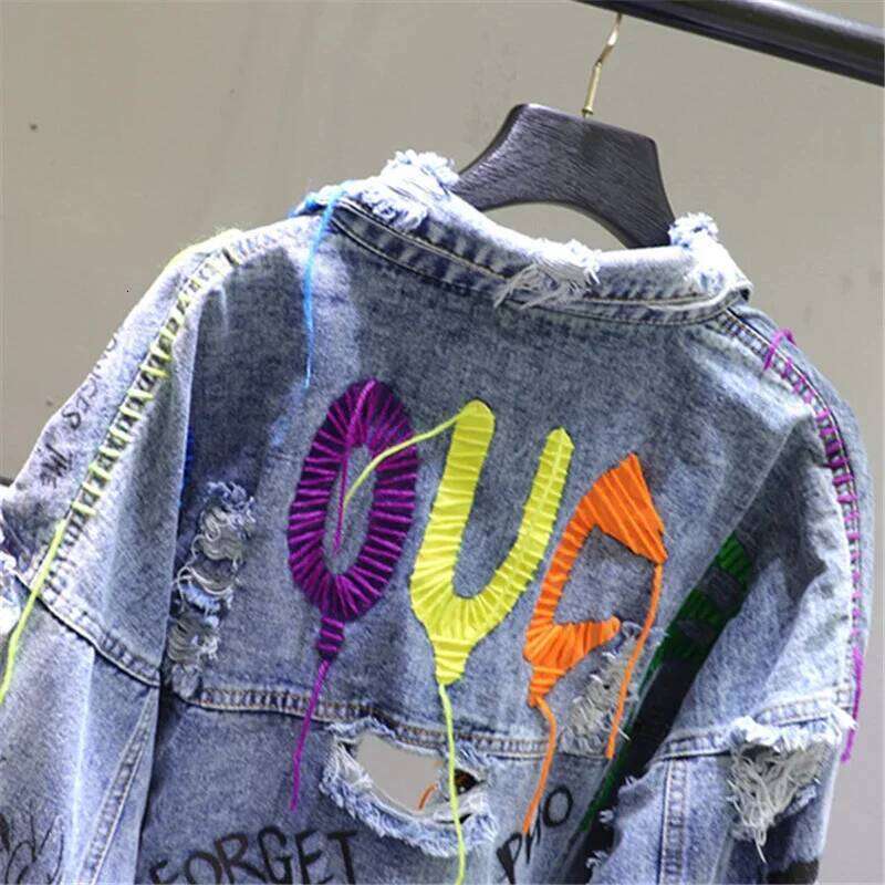 Fashion Rivet Beading Tassel Letter Graffiti Denim Women Loose Short Outerwear Holes Long Sleeve Jeans Jacket Coat Female