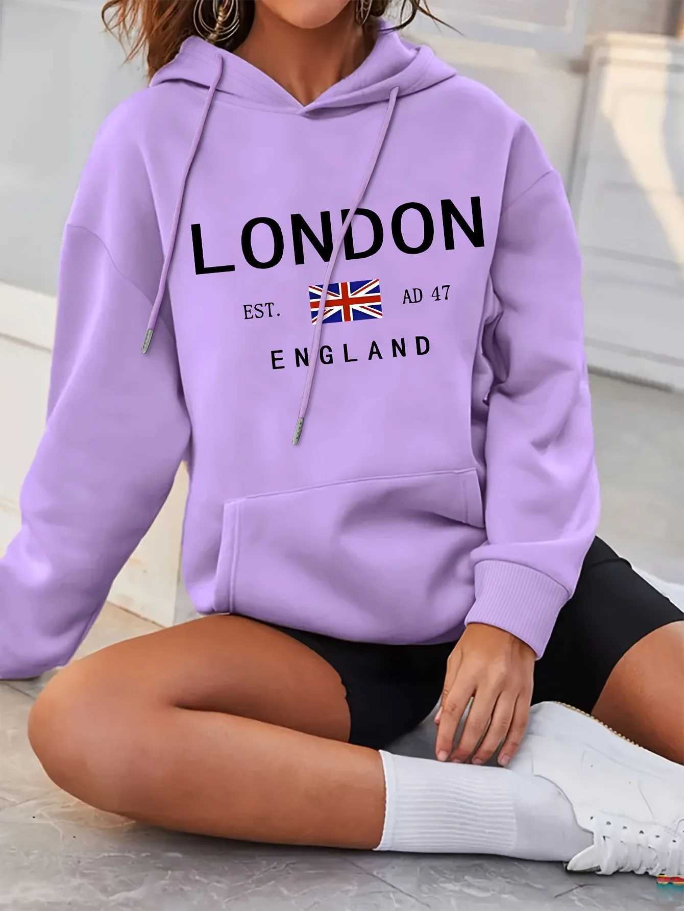 Vibrant London Print Drawstring Hoodie - Fashion Hoodies with Kangaroo Pocket Casual Long Sleeve XJ250717