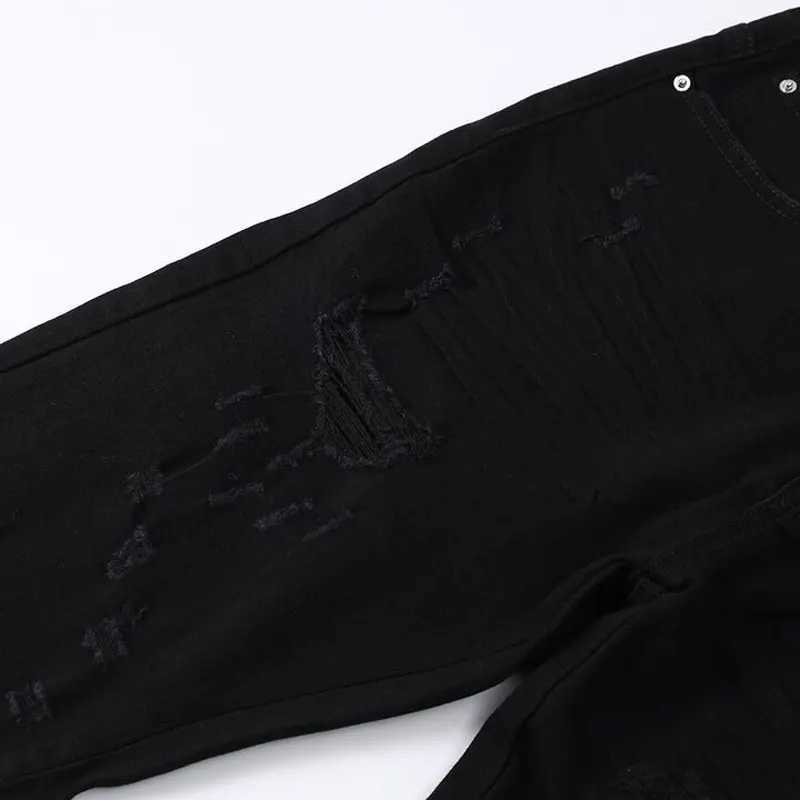 European and American designer high street fashion new black mens jeans stretch slim fit retro washed leather patch jeans hip-hop X250718