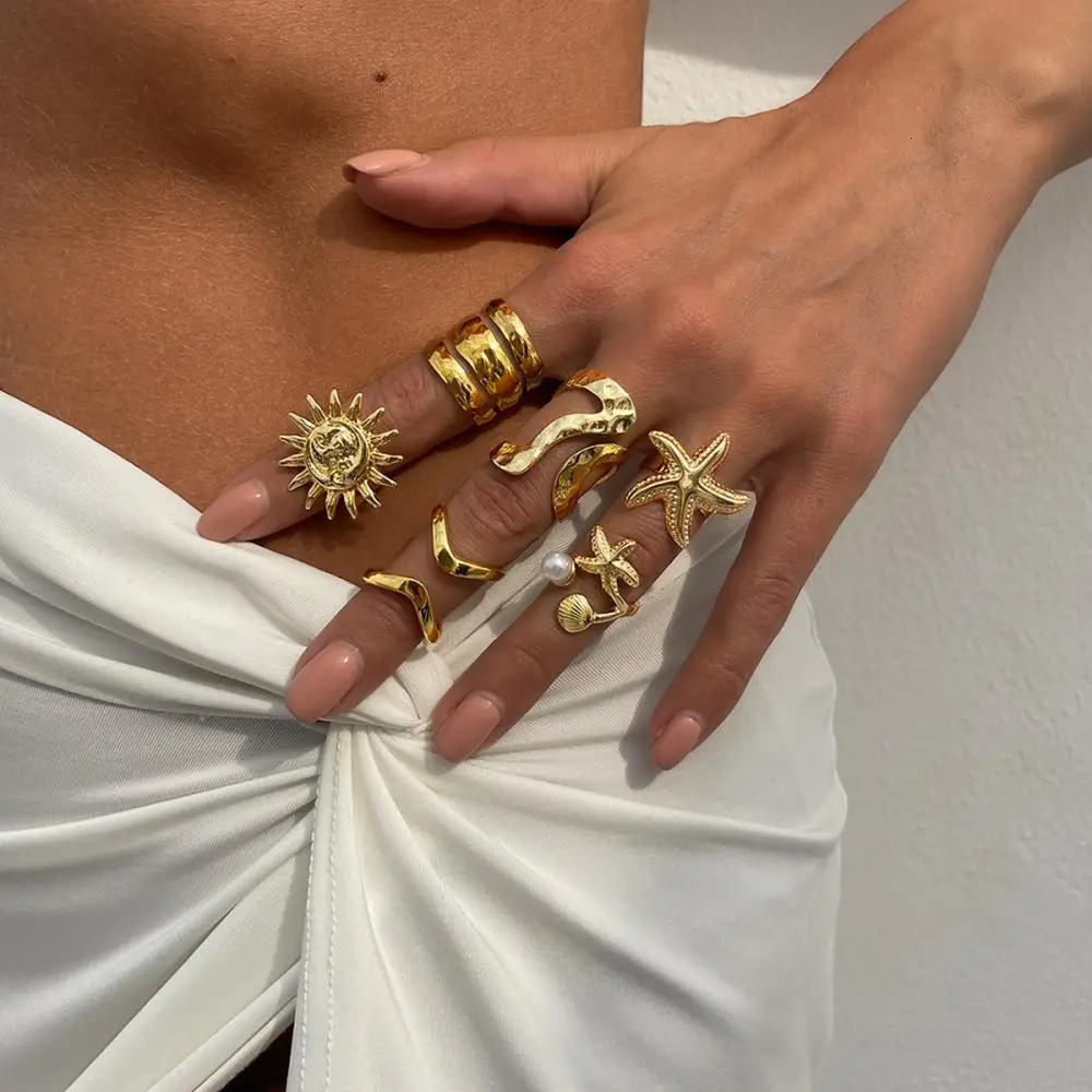 6PcsSet Vintage Sun Starfish Open Rings for Women Men Punk Irregular Pleated Pearl Ring Summer Holiday Personalized Jewelry 250716