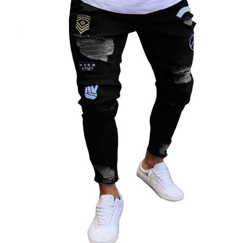 Men Stretchy Ripped Skinny Biker Embroidery Cartoon Print Jeans Destroyed Hole Slim Fit Denim High Quality Hip Hop Black Jeans X250718