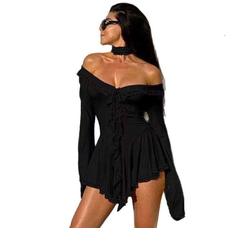 Summer New V-Neck Ruffle Lace V-Hem Flared Sleeve Waist-Cinching Dress B5