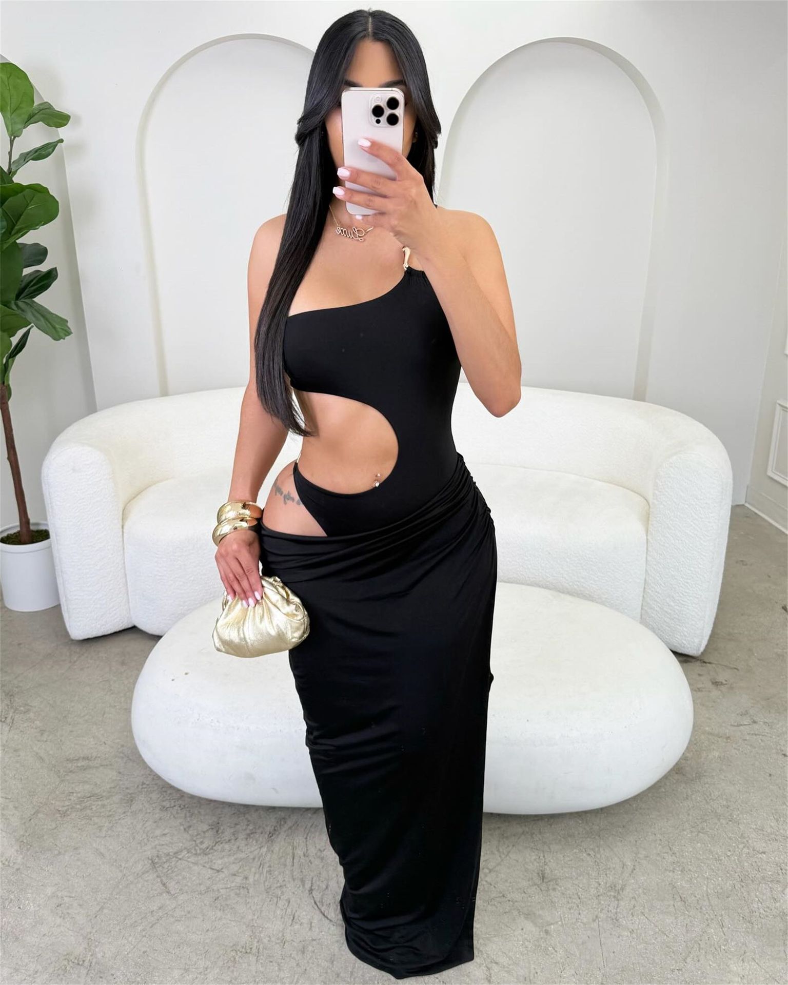 New Fashionable Evening Dress Solid Color Elegant Slim Sexy Hollow Design Long Dress Bodycon Dress for Women