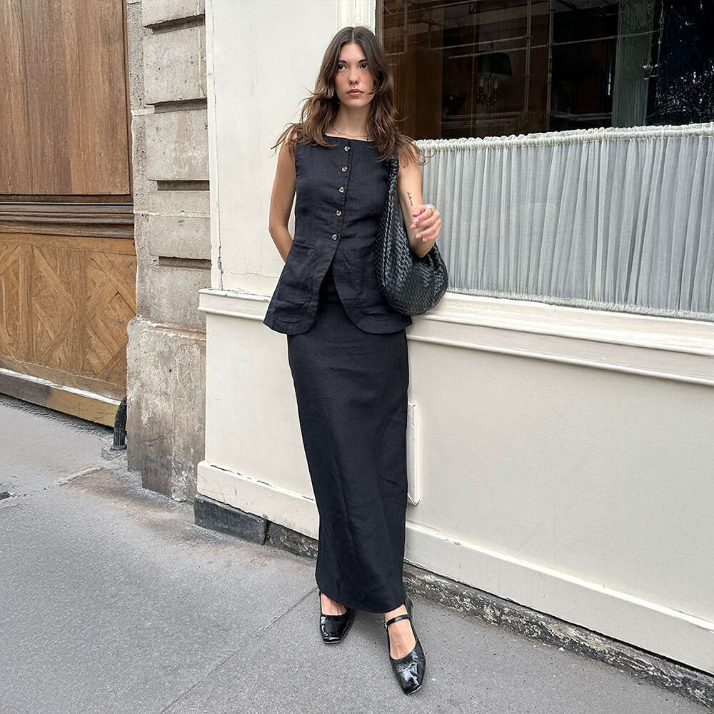 Minimalist Sleeveless Vest And High-Waisted Skirt Set Spring/Summer New Linen Casual Outfit For Women B5