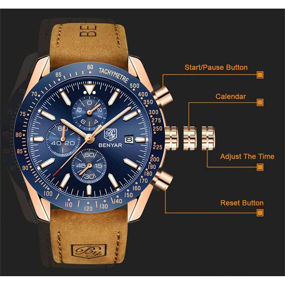 BENYAR Casual Sports Watch Waterproof Quartz Watches Top Brand Leather Military Chronograph Men Clock Relogio