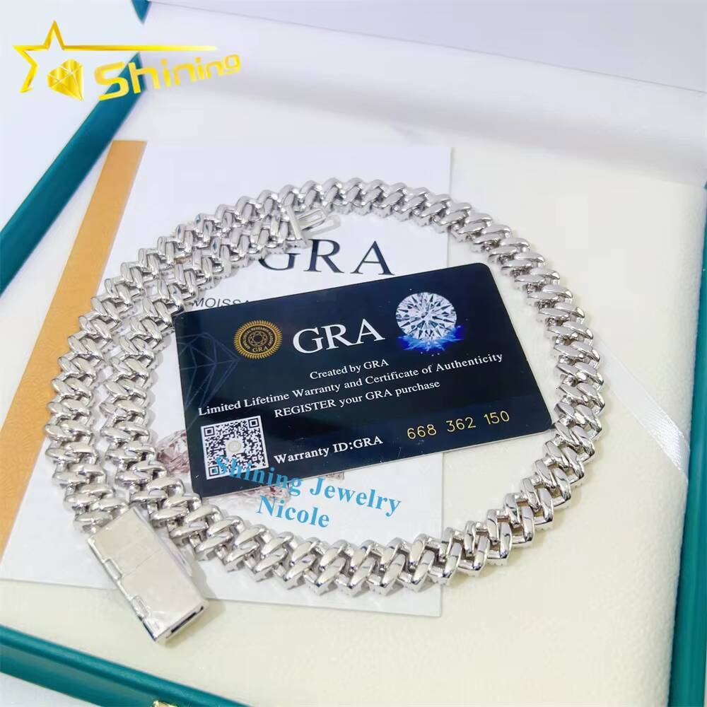 Hot Sale Wholesale Price 925 Sterling Silver 10mm 12mm GRA Certificate Iced Out Moissanite Cuban Link Chain