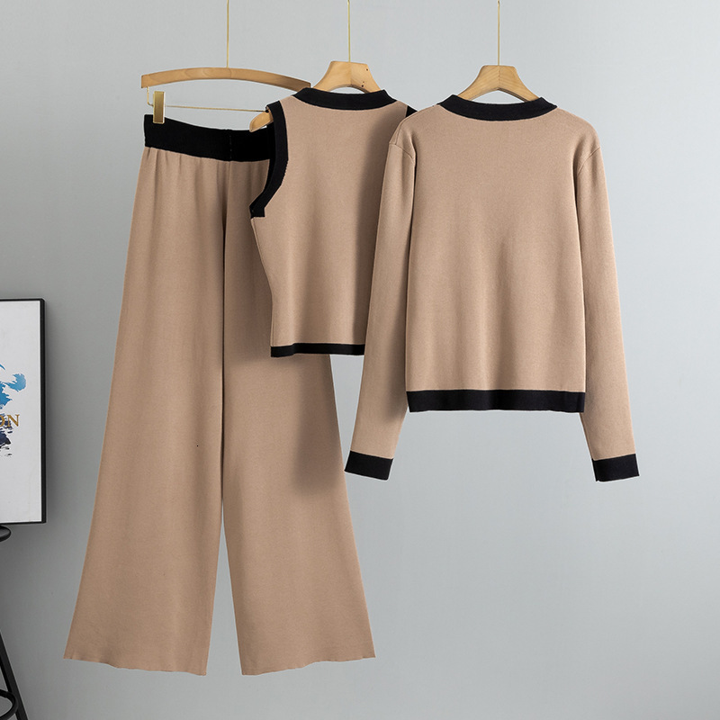 Autumn Womens Stylish Wide Leg Pant with Matching Vest Comfortable Knitted Ensemble 250718