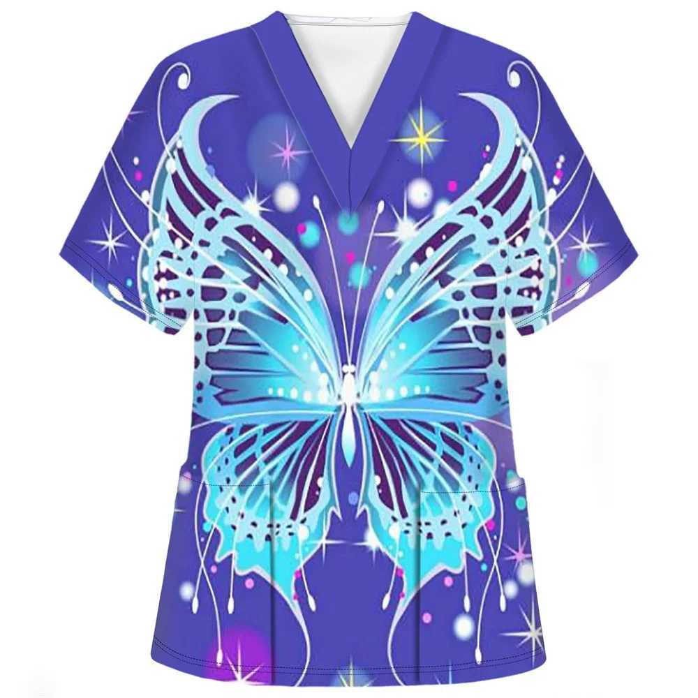 Medical Clothes Elegant Butterfly Print V-Neck Surgical Uniform Woman Short Sleeve Color Patch Pocket Top Clinical Uniform Woman Z250718