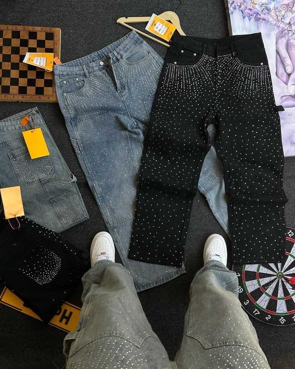 Vintage Rhinestone Sequins Jeans Men Hip Hop Streetwear Pockets Straight Vintage Loose Jeans Low Waist Trousers Women Clothing X250718