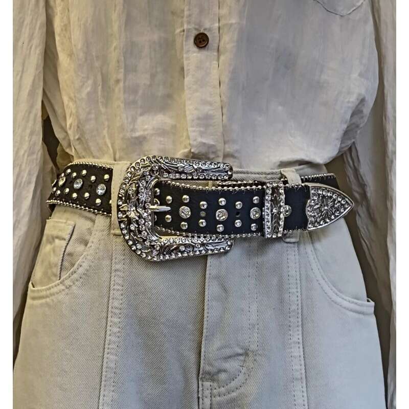 Wide Waistband Jeans Belt Designer jewelry Rhinestone Inlaid Decoration Fashion Versatile Cross Ultra-fiber Faux Leather Unisex