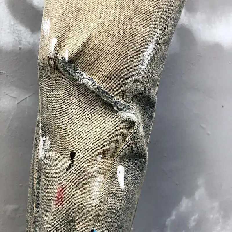 Old Wash Water Stretch Jean Skinny Tapered Trouser New Retro Splash Ink Jean Hombre Patch Biker Streetwear Ripped Denim Pants X250718