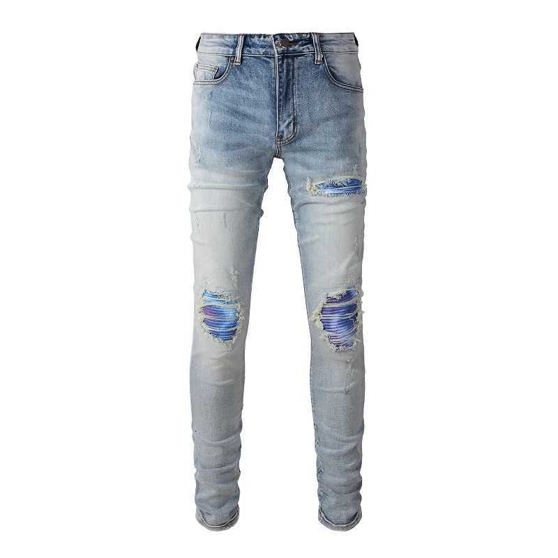 Men Patches Jeans Streetwear Light Blue High Stretch Denim Pants Ripped Distressed Skinny Tapered Trousers X250718