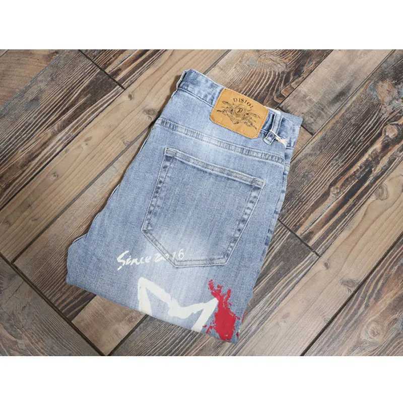 Designer Fashion New Mens Jeans Letter Printed Washed Nostalgic Stretch Slim Fit Retro Light Blue Jeans Hip Hop Brand High Quality X250718