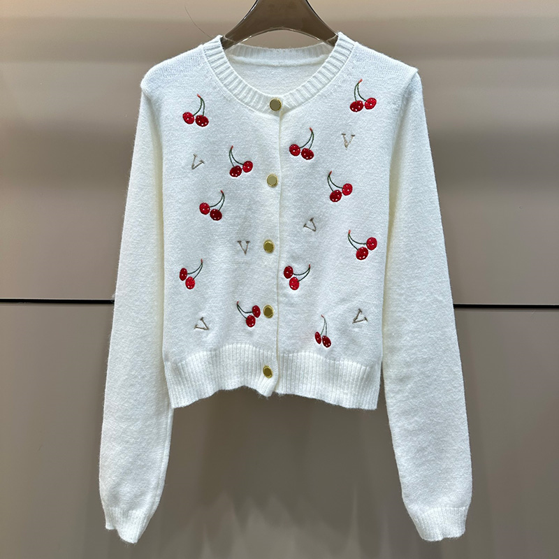 Elegant Knitted Round Neck Cardigan Ladies 3D Cherry Embroidered Coat Trendy Loose Cropped Sweater
