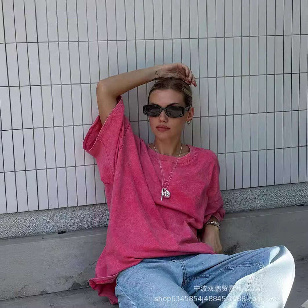 Minimalist Style Washed Vintage Pure T-Shirt Summer Colorful Loose 260G Cotton Short Sleeve Top For Women B5