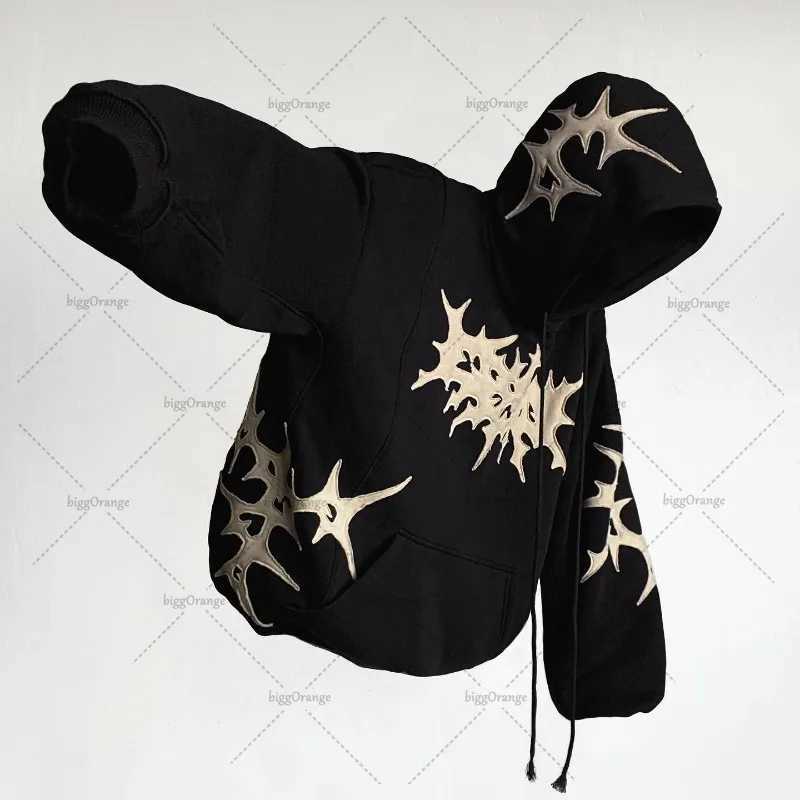 Street Hip-Hop Retro Harajuku Y2K Embroidered Patchwork Fabric Fashion Loose Hoodie Men American Versatile Oversized Sweatshirt X250718