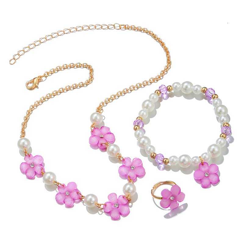 3Pcs/set Flower Charm Chain Necklace with Beads Bracelet Ring Jewelry Set for Girls Daughter Party Birthday Gift X2507181
