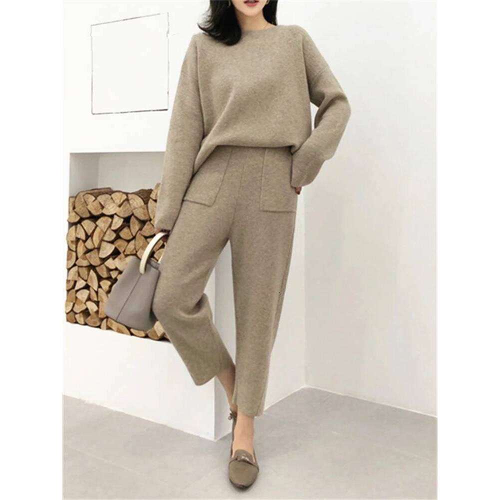 2 Pieces Women's Sets Warm Knitted Tracksuit Autumn Winter O-Neck Sweater And Casual Harme Pants Pullover Suits MDNG