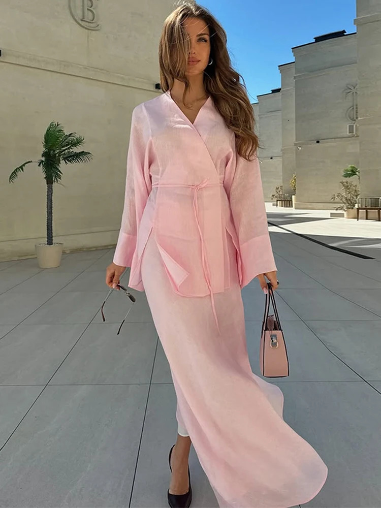 Casual Long Sleeve V Neck Shirts Long Skirt Suit Chic Solid Lace Up Shirt A Line Skirt Set for Women 2025 Lady 2 Pcs Outfits 250715