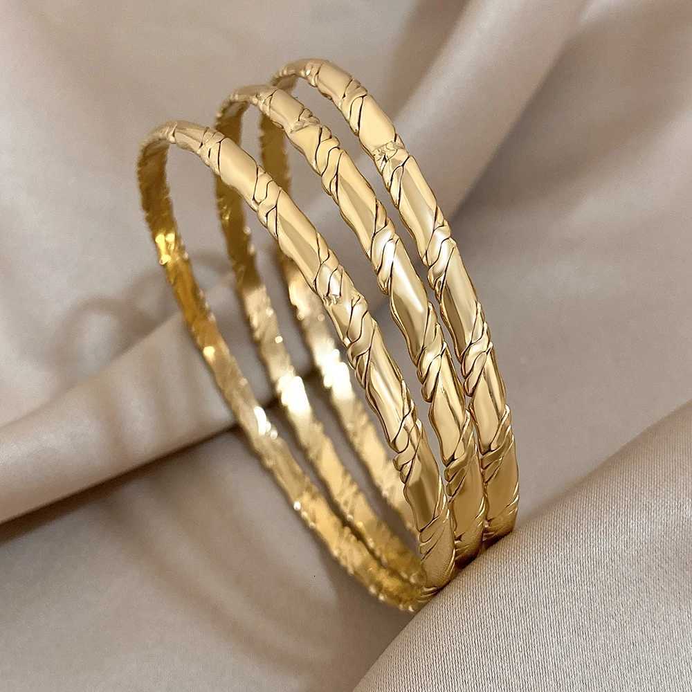 3pcs Gold Plated Twist Stainless Steel Bangle Bracelet for Women Tibetan Buddha Stacked Wristband Bracelets Waterproof Jewelry X250718
