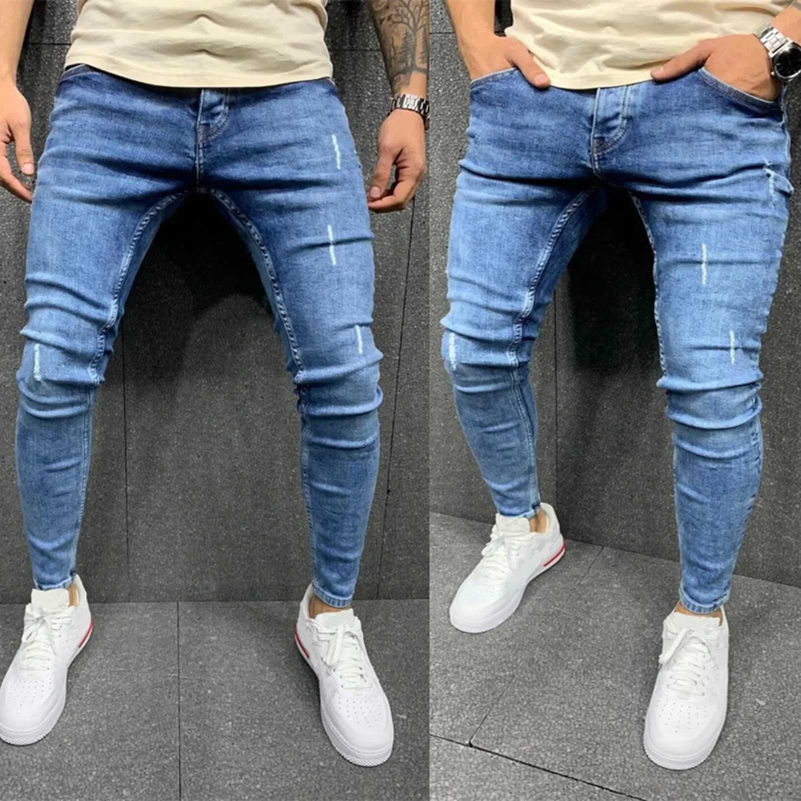 Mens Jeans Denim Distressed S 3XL Elastic Slim Fashion Mens Pants Fashion Street Style Ripped Skinny Jeans X250718