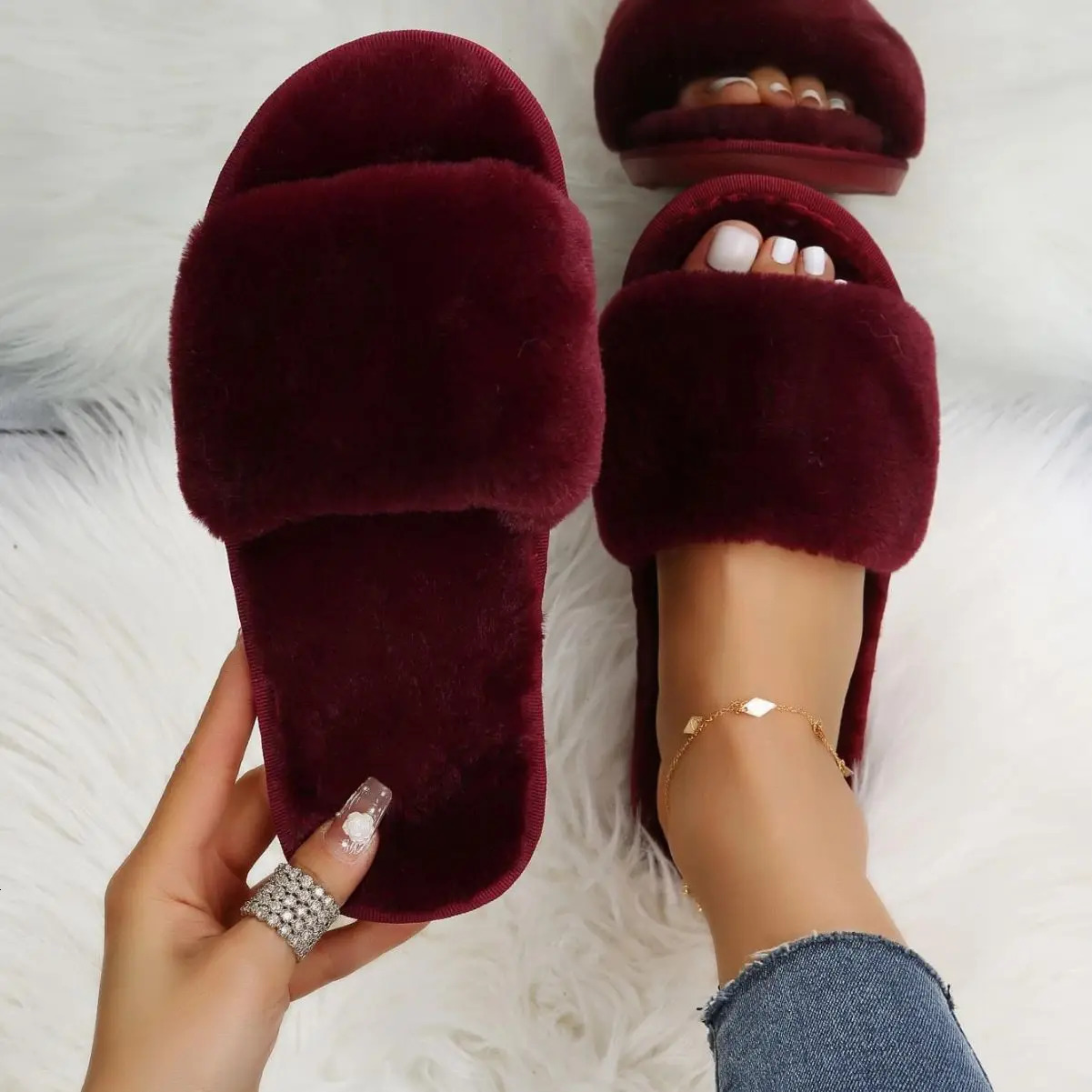 Womens autumn and winter style indoor lazy one line plush slippers flat cotton slippers 250717