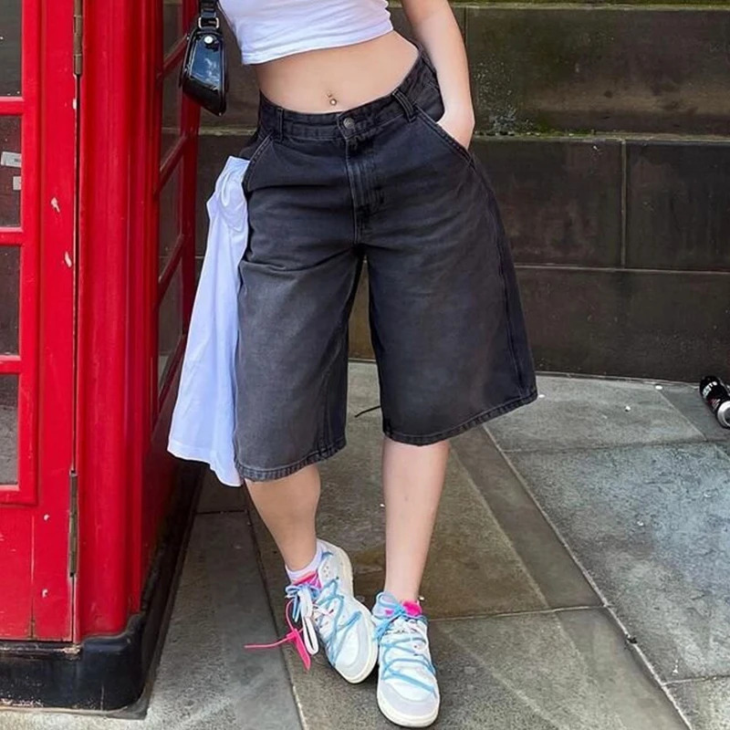 Women Bermuda Denim Shorts Boyfriend Baggy Calf Length Pants Y2k Aesthetic Wide Leg Carpenter Jean American Retro Streetwear 250714