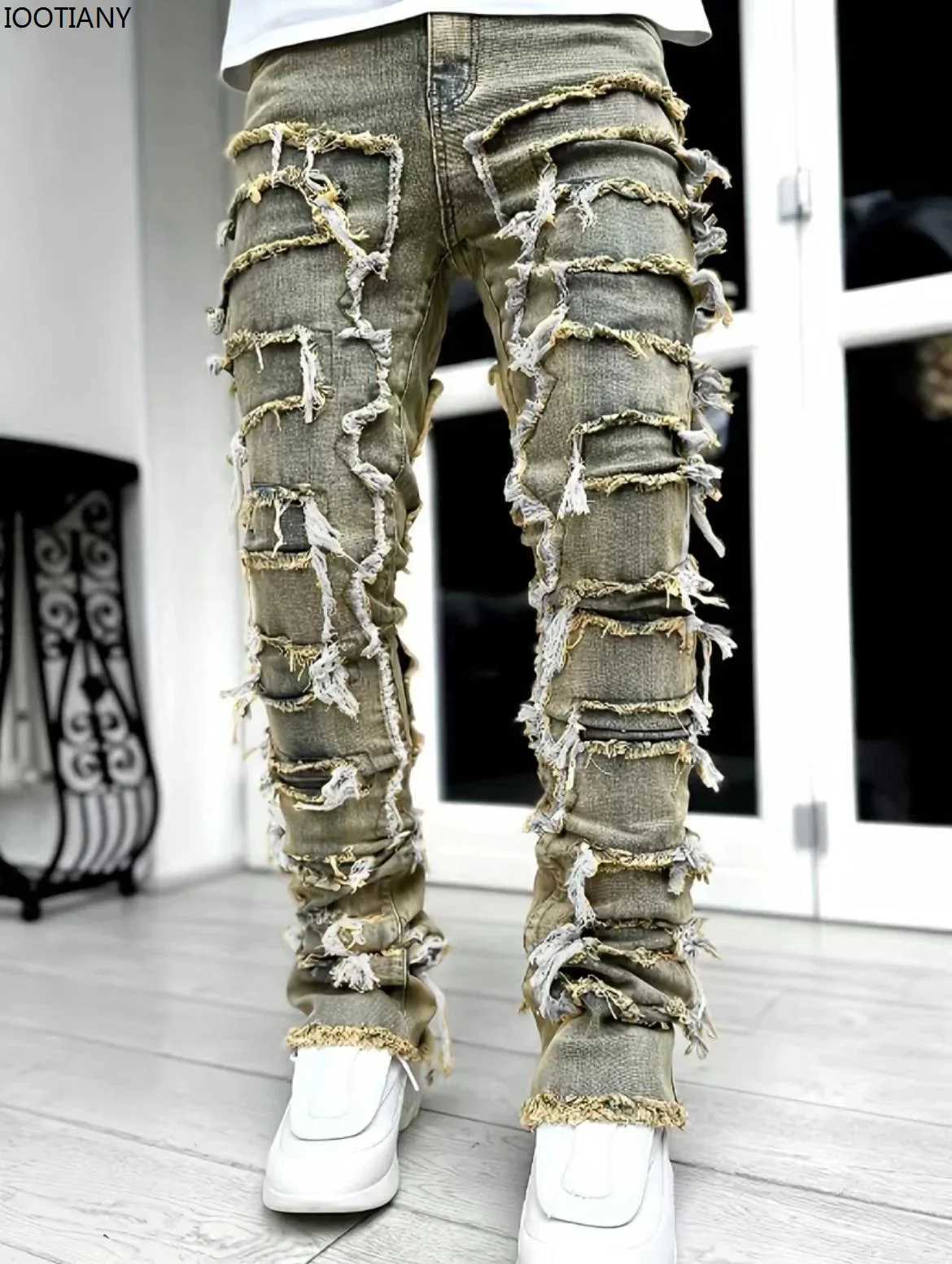 New Fashion Stretch Jeans Man Stacked Jeans Elastic Waist Straight Fit Patchwork Denim Long Pants Fringe Ripped Jeans For Men X250718