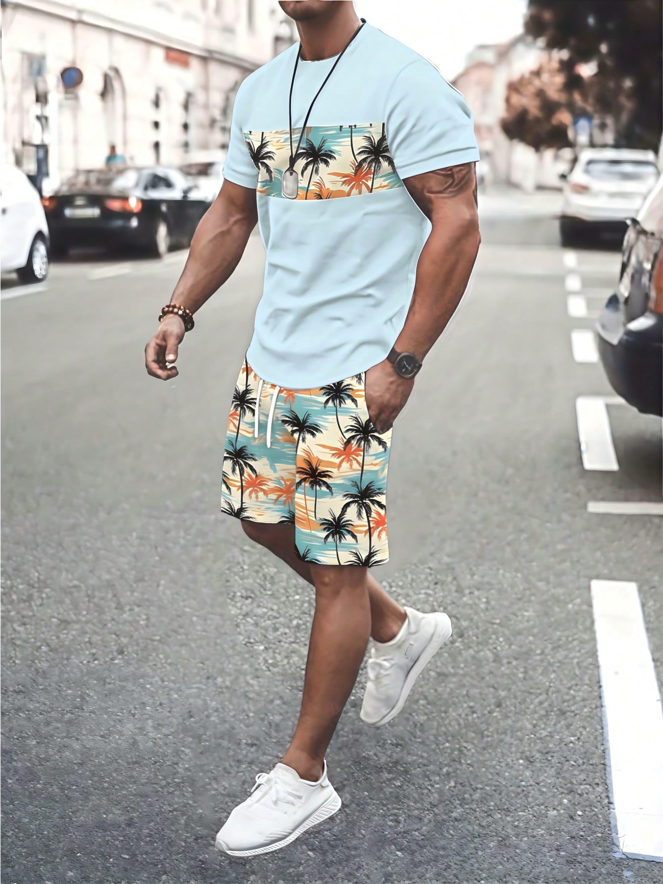 Men's Casual Patchwork Coconut Tree Print Round Neck Short Sleeve T-Shirt And Shorts Set, Summer Vacation Outfits For Men Beach Vacation Outfits