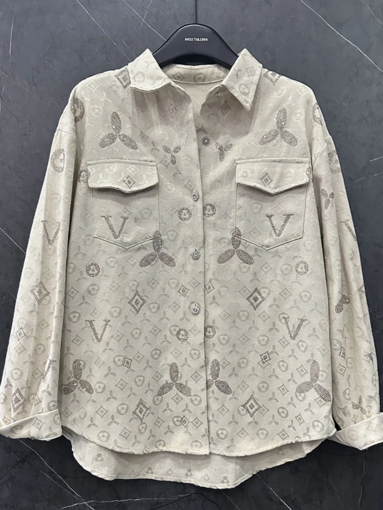 2025 Spring All-match Loose Cardigans Coat Full Diamonds Drilling Denim Blouses Streetwear Long Sleeve Casual Top Shirts23