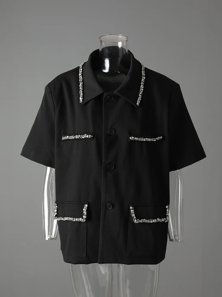 EAM Women Black Rhinestones Elegant Big Size Blazer Lapel Short Sleeve Jacket Fashion Spring Summer CPG3617 250703