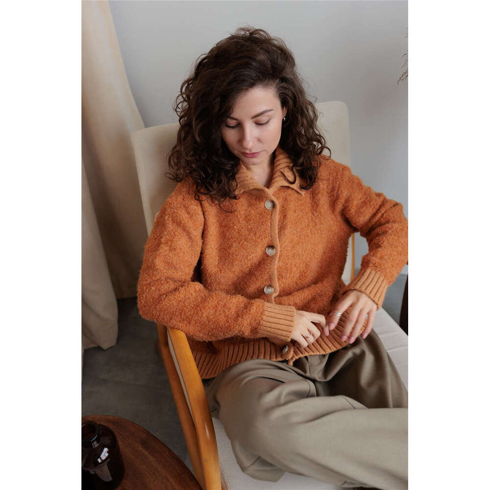 Caramel Color Fluffy Sweater Coat For Women Autumn Winter New Lazy Loose Turn-Down Collar Knitted Cardigan Top B5