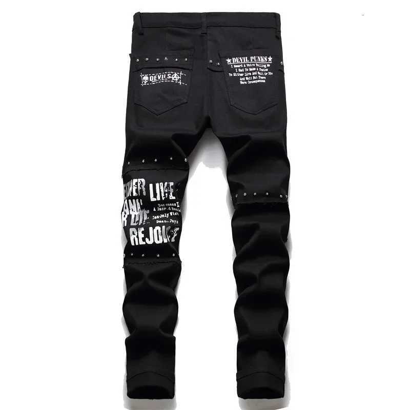 Mens Black Jeans Mens Fashion Punk Patchwork Street Jeans Mens Stretch Street Hip Hop Slim Fit Holes Punk Denim Cotton Pants X250718