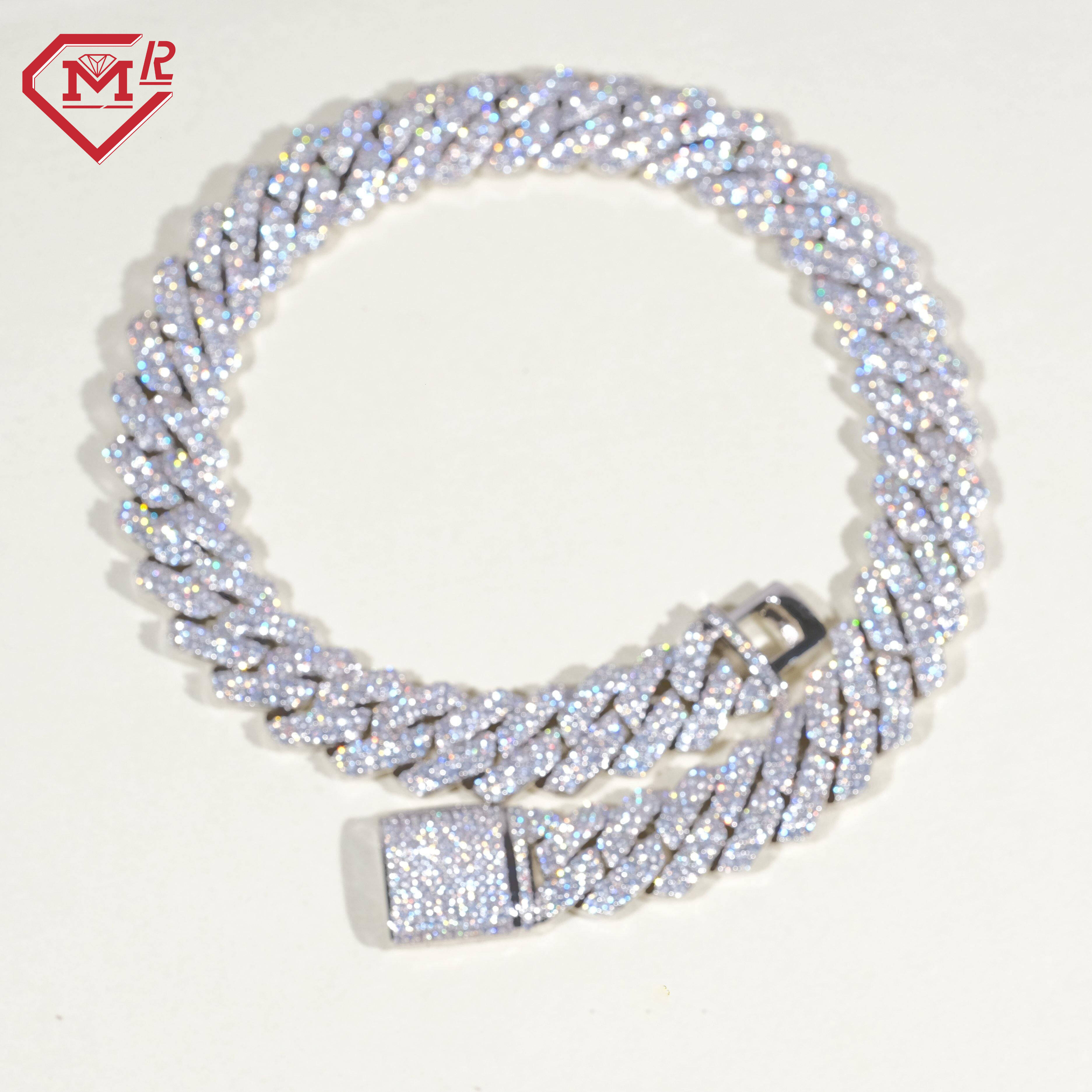 Hip Hop Men 16mm Two Rows Cuban Chain Full Iced Out Prong Setting 925 Silver Vvs Moissanite Cuban Link Chain