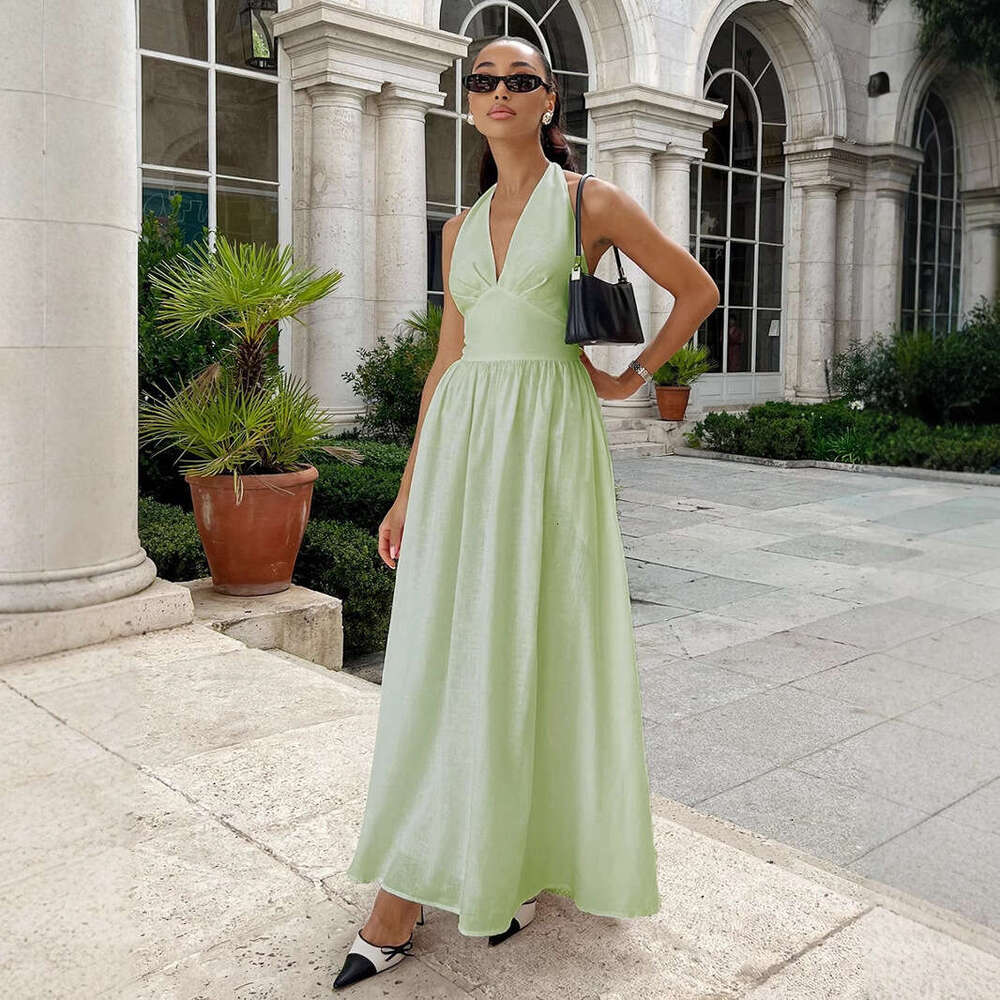 Pure Cotton Spring Summer Waist-Cinching V-Neck Tie Long Flared Dress For Women B5