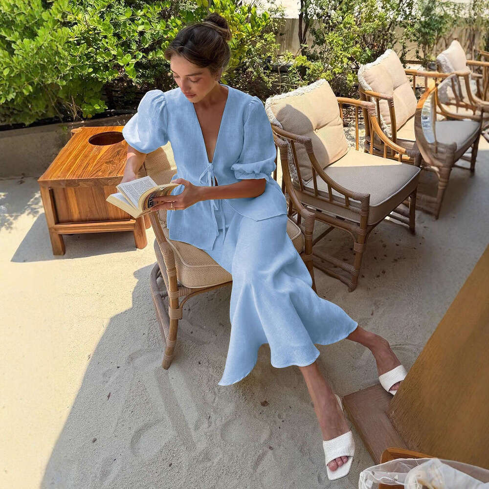 V-Neck Summer New Ruffle Short Sleeve Midi Skirt Set B5