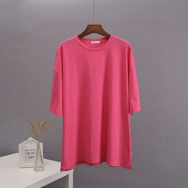 Summer Loose Split Cotton Short Sleeve For Women Comfortable Round Neck Solid Color T-Shirt B5