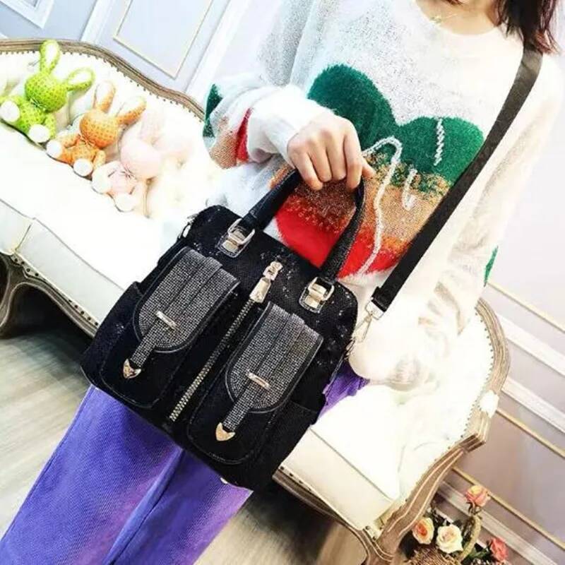 Sequin women's bag2024 New Trendy Women's Fashion Casual Contrast Color Hot Rhinestone Shoulder Crossbody Three-purpose Bag high-quality