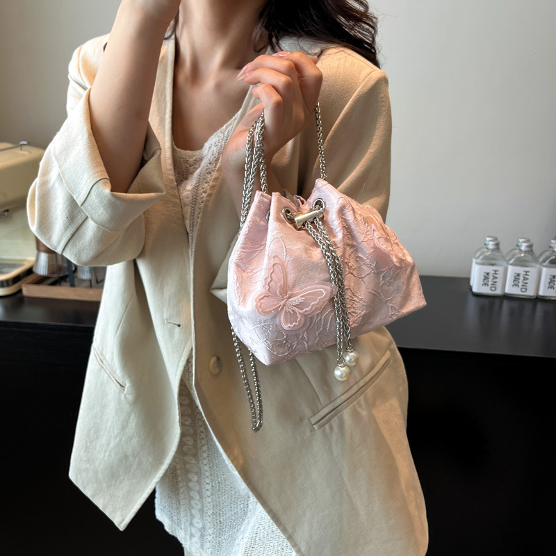 Summer new women's shoulder bag new pearl chain tassel bucket bag fashionable and simple shoulder bag women's lace butterfly chain bag new d