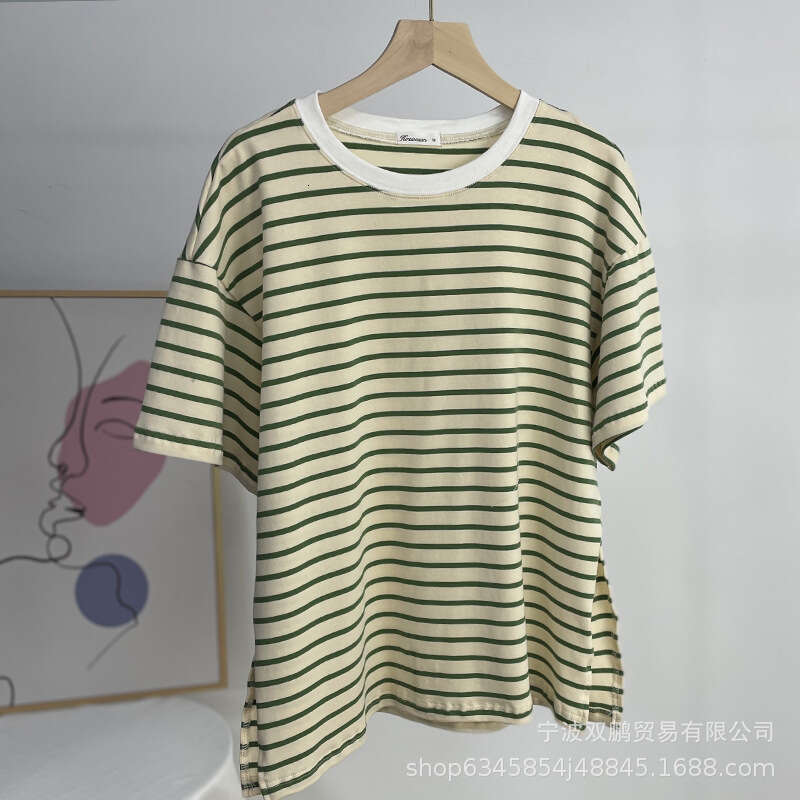 Spring Summer Casual Pure Cotton Striped T-Shirt For Women Loose Fit Versatile Split Long Sleeve Top Style B5