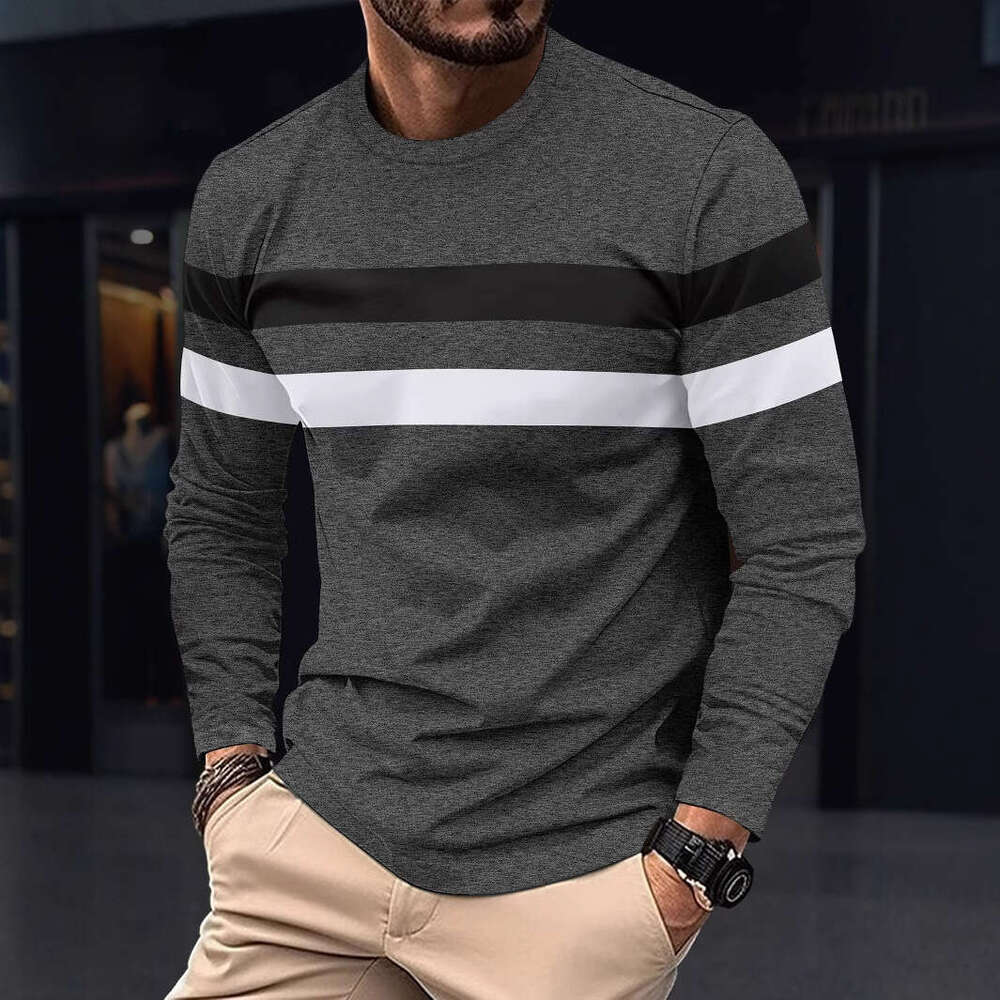 Spring And Autumn Men's Long Sleeve New Color Block T-Shirt Trendy Casual Sports Outerwear Crew Neck Base Shirt Top B5