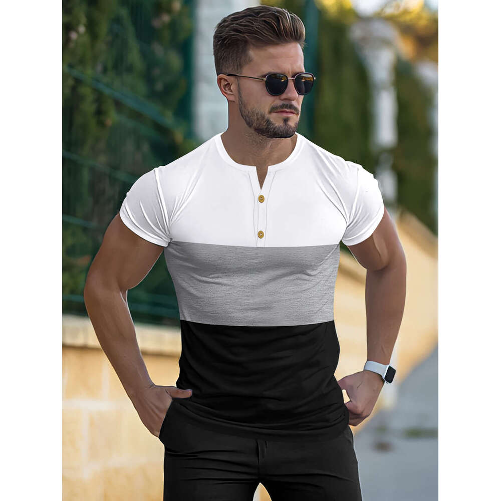 New Button Round Neck Short Sleeve Summer Casual Sports Three-Color Patchwork Men's T-Shirt Henley Shirt B5