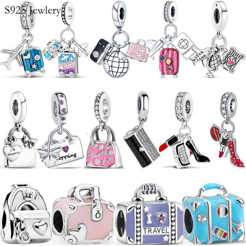 S925 925 Silver Shopping Bag Suitcase Passport Handbag Camera Love Travel Life DIY Beads Fit Original Charms Bracelet Jewelry