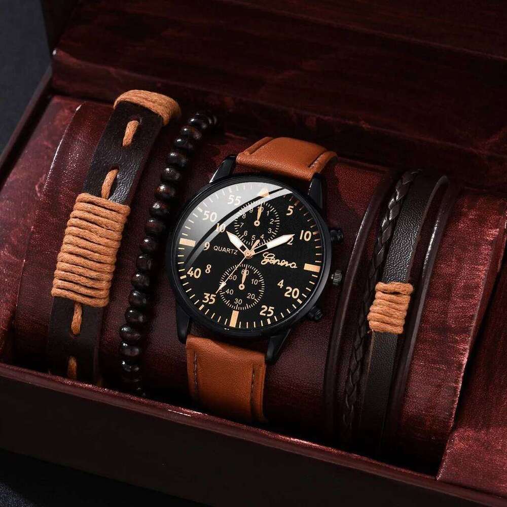 Kegllect Men Watch Set with Bracelet Casual Leather Band Quartz Clocks free shipping free shipping