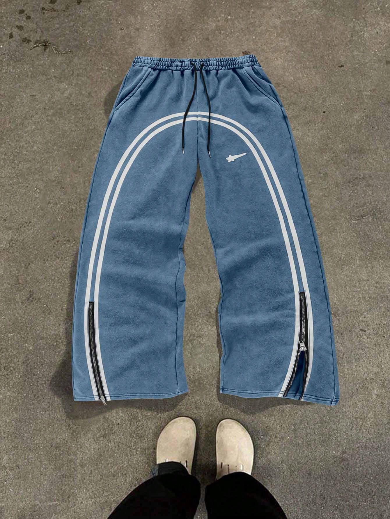 Streetrush Cotton Men's pants Plain Color Patchwork Front Drawstring Pocket Casual Sweat pants Drawstring Waist Printed Wide Leg Fashion Sweatpan